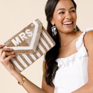 Gold Striped Sparkle Beaded MRS Wedding Bridal Gift Clutch Crossbody Handbag Bag